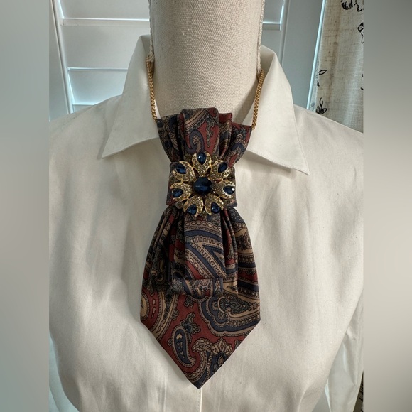 Handmade Jewelry - Paisley Statement Tie Necklace with Gold and Blue Brooch